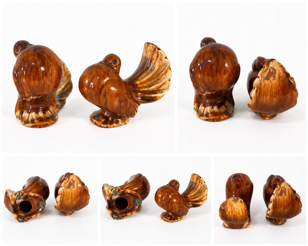 Vintage Ceramic Bird Figurines Pair Brown Drip Glaze Mid Century Pottery Decor